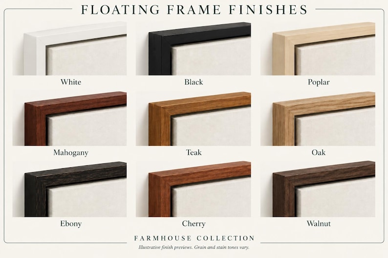 Puede incluir: Una cuadr&iacute;cula de nueve acabados de marcos flotantes etiquetados como Floating Frame Finishes y Farmhouse Collection. Los colores incluyen blanco, negro, &aacute;lamo, caoba, teca, roble, &eacute;bano, cerezo y nogal, mostrando una esquina.