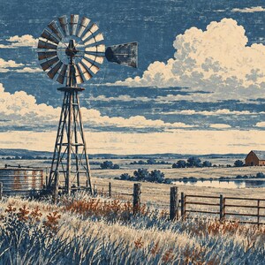 May include: A landscape print featuring a metal windmill standing in a grassy field next to a circular water tank. A wooden fence runs across the foreground, while a small pond and a distant barn are visible under a cloudy blue sky.