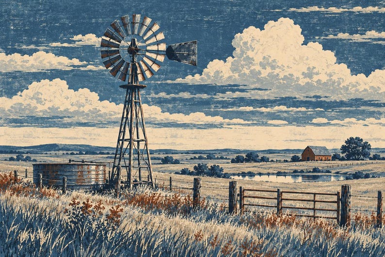 May include: A landscape print featuring a metal windmill standing in a grassy field next to a circular water tank. A wooden fence runs across the foreground, while a small pond and a distant barn are visible under a cloudy blue sky.