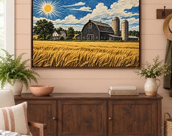 May include: A rectangular wall art print featuring a rural landscape with a golden wheat field, a dark barn, two silos, and a farmhouse under a bright sun and blue sky with white clouds. The artwork is displayed in a dark brown wooden frame.