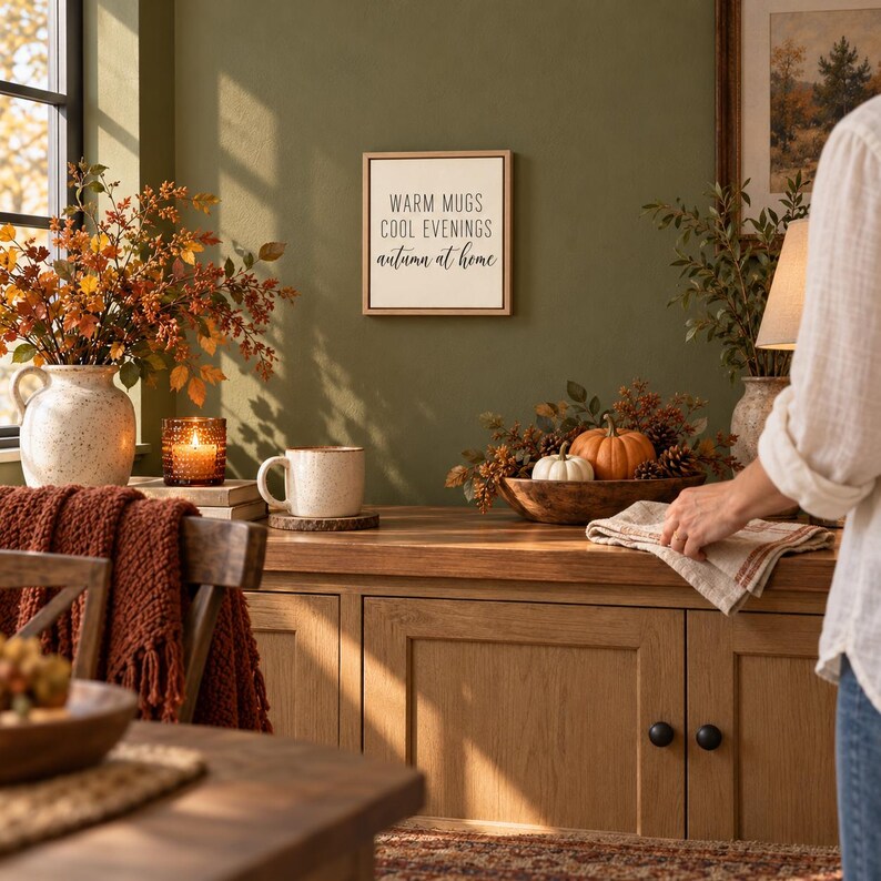 May include: A square wall sign with a light background and a thin wooden frame, featuring the black text: WARM MUGS COOL EVENINGS autumn at home. The sign is mounted on an olive green wall above a wooden cabinet surface.