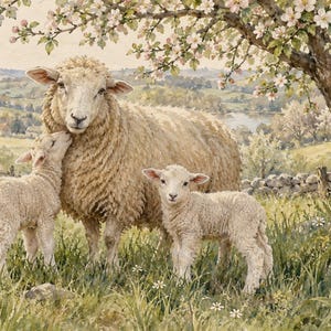 May include: A watercolor painting depicting a cream-colored ewe standing in a grassy field with two lambs. One lamb nuzzles the ewe while the other stands nearby. They are positioned under a blooming tree with a stone wall in the background.