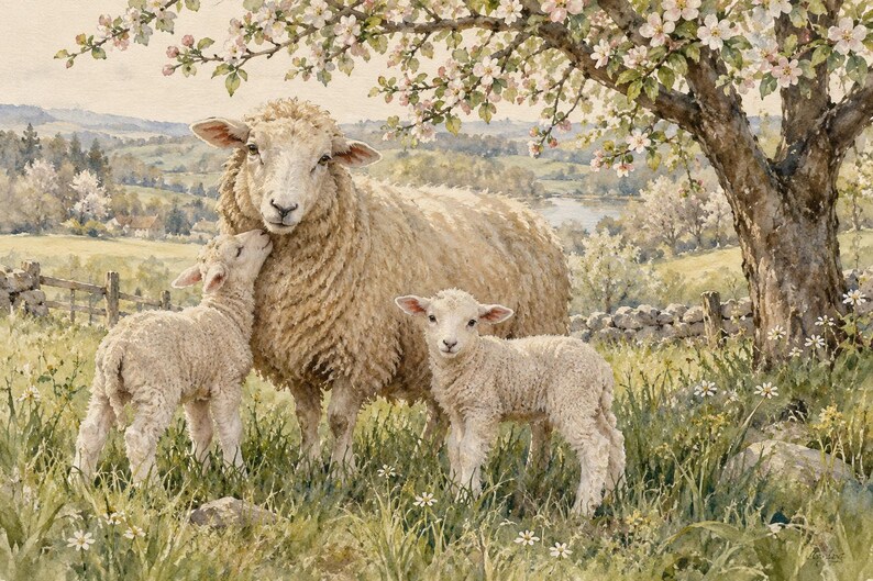 May include: A watercolor painting depicting a cream-colored ewe standing in a grassy field with two lambs. One lamb nuzzles the ewe while the other stands nearby. They are positioned under a blooming tree with a stone wall in the background.