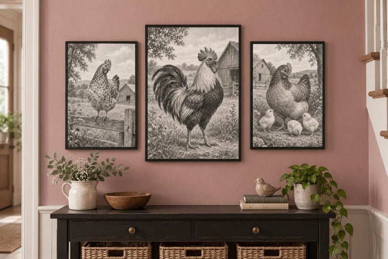 May include: A set of three black and white framed wall art prints depicting farm scenes. The center print features a rooster, while the side prints show a hen on a fence and a hen with three chicks, all set against a rural barn background.