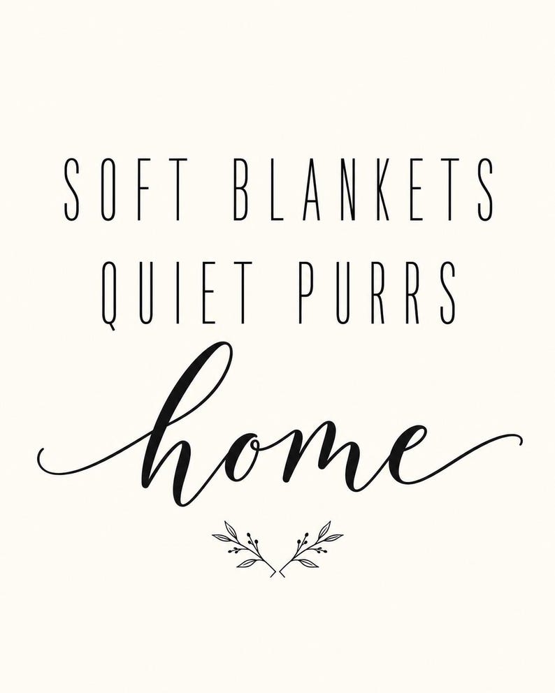 Może przedstawiać: Biały wydruk ścienny z czarnym napisem SOFT BLANKETS QUIET PURRS home, wykonanym mieszanką czcionek bezszeryfowych i kursywy. Pod tekstem znajduje się mały, symetryczny czarny rysunek liniowy przedstawiający dwie gałązki z listkami.