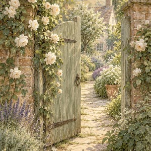 May include: A weathered green wooden gate stands open between two brick pillars topped with stone spheres. Pale cream roses climb the brickwork, while purple lavender and green foliage frame a stone path leading to a cottage.