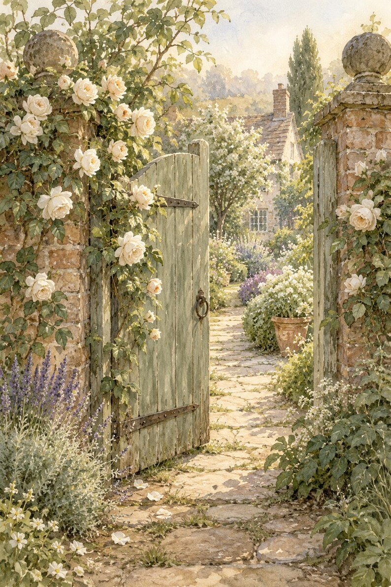 May include: A weathered green wooden gate stands open between two brick pillars topped with stone spheres. Pale cream roses climb the brickwork, while purple lavender and green foliage frame a stone path leading to a cottage.