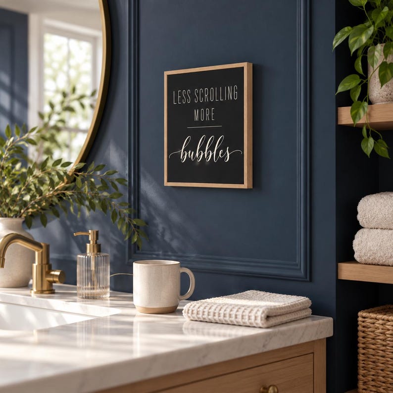 May include: A rectangular wall sign with a light wood frame and a black background featuring the white text "LESS SCROLLING MORE bubbles" in a combination of clean sans-serif and elegant script typography, mounted on a dark blue wall.