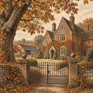May include: A detailed illustration of a brick manor house with a stone wall and black metal gate in the foreground. A large maple tree with orange and yellow autumn leaves hangs over the scene, with fallen leaves covering the ground.