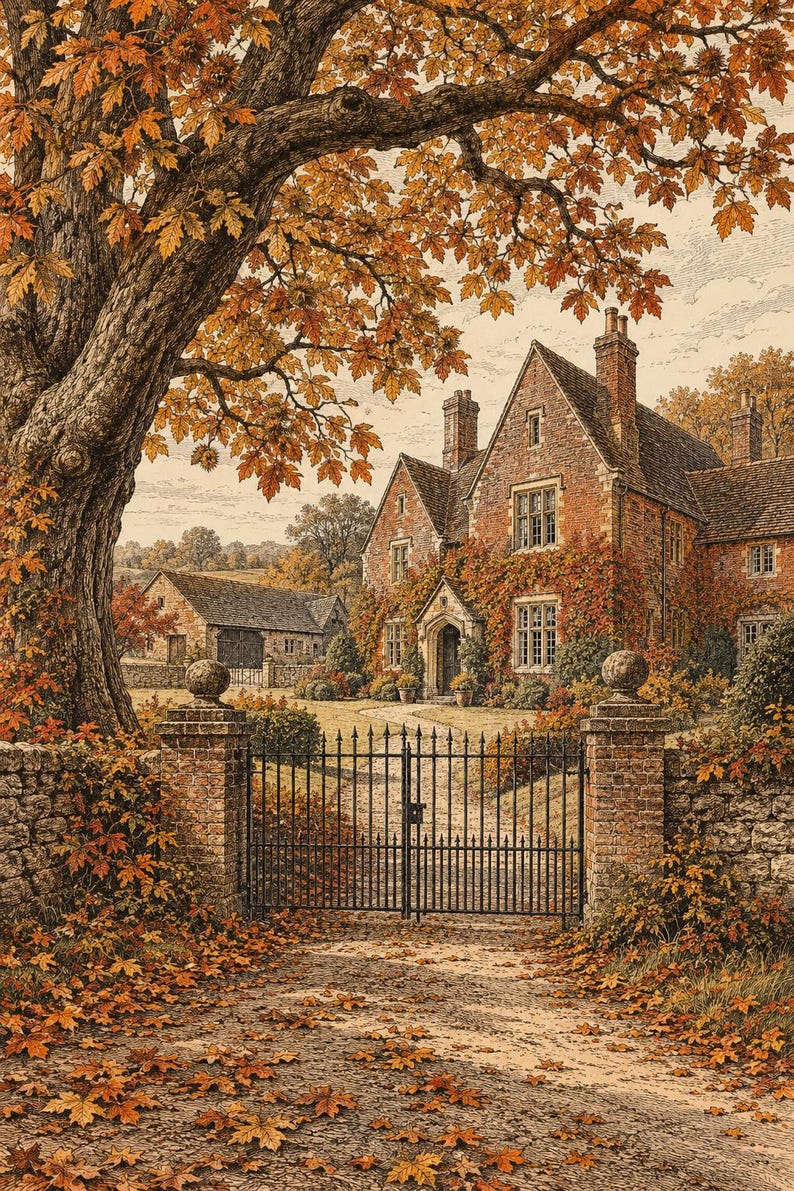 May include: A detailed illustration of a brick manor house with a stone wall and black metal gate in the foreground. A large maple tree with orange and yellow autumn leaves hangs over the scene, with fallen leaves covering the ground.