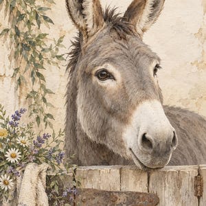 May include: A watercolor painting of a gray donkey with long ears looking over a weathered wooden gate. A textured beige wall is in the background, with a hanging green vine, a bouquet of white daisies and purple lavender, and a striped cloth.