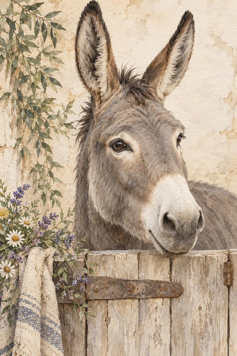 May include: A watercolor painting of a gray donkey with long ears looking over a weathered wooden gate. A textured beige wall is in the background, with a hanging green vine, a bouquet of white daisies and purple lavender, and a striped cloth.
