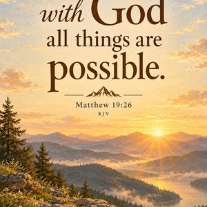 May include: A vertical print featuring a sunrise over a mountain range and lake, with rocky foreground terrain and pine trees. The text reads: with God all things are possible. Matthew 19:26 KJV, centered below a small mountain icon.