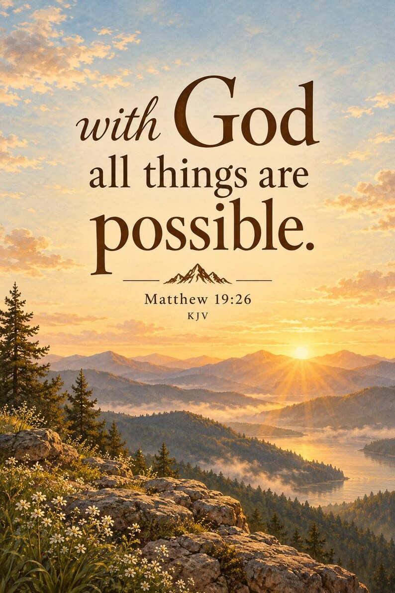 May include: A vertical print featuring a sunrise over a mountain range and lake, with rocky foreground terrain and pine trees. The text reads: with God all things are possible. Matthew 19:26 KJV, centered below a small mountain icon.