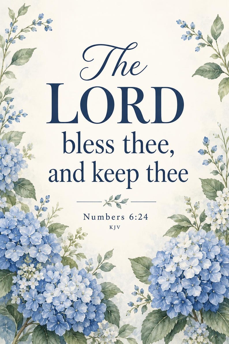Puede incluir: Una impresi&oacute;n vertical con el texto The LORD bless thee, and keep thee, Numbers 6:24 KJV en fuente azul oscuro. El texto est&aacute; enmarcado por ilustraciones en acuarela de flores de hortensia azules y hojas verdes sobre un fondo crema.