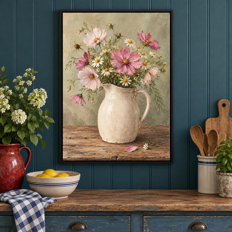 May include: A framed painting of a bouquet of pink cosmos and white daisies in a cream-colored ceramic pitcher. The pitcher sits on a wooden surface against a muted green background. The flowers feature shades of pink, white, and yellow centers.