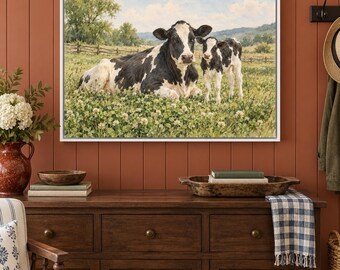 May include: A framed wall art print featuring a black and white cow lying down in a green clover field next to a standing calf. The background shows a rural landscape with trees, a wooden fence, and rolling hills under a cloudy sky.