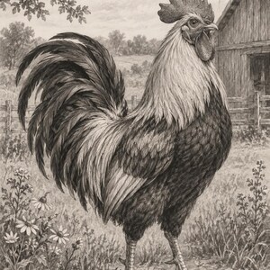 May include: A detailed charcoal-style drawing of a rooster standing in a field. The bird features a prominent comb, wattles, and textured plumage. In the background, a wooden barn, a fence, and a tree are visible, with small flowers in the foreground.