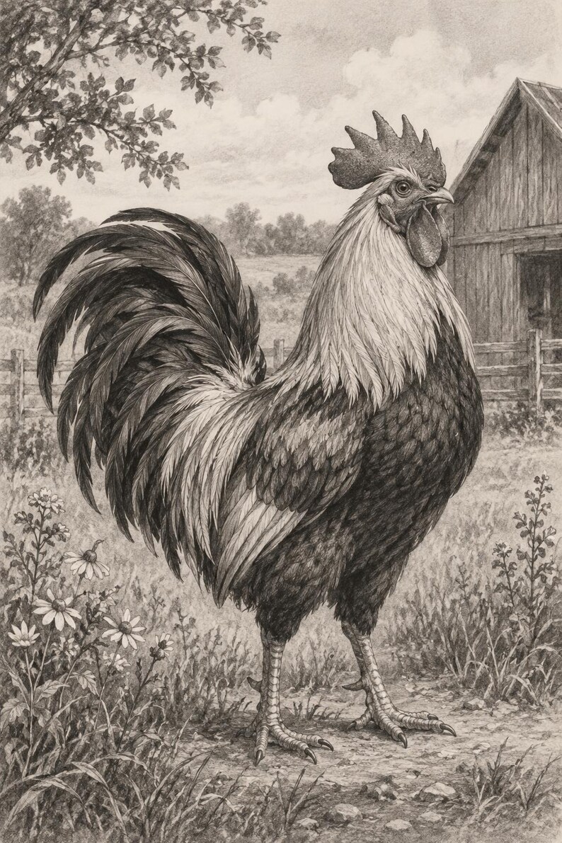 May include: A detailed charcoal-style drawing of a rooster standing in a field. The bird features a prominent comb, wattles, and textured plumage. In the background, a wooden barn, a fence, and a tree are visible, with small flowers in the foreground.