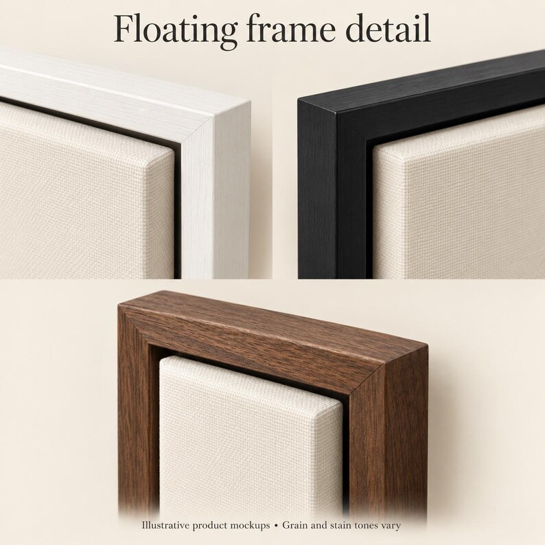 Puede incluir: Detalle de marco flotante que muestra tres marcos de lienzo en acabados blanco, negro y madera oscura. Cada marco presenta un panel de lienzo texturizado en color blanco roto dentro de un borde empotrado. Texto: Floating frame detail y Illustrative product mockups &bull; Grain and stain tones vary.