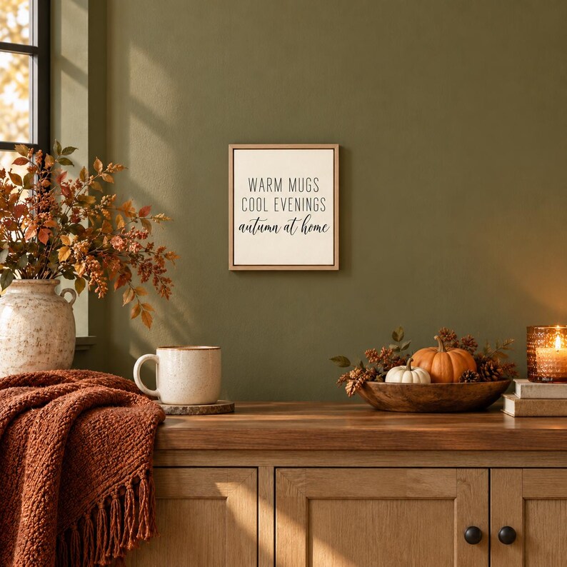 May include: A square wall sign with a light background and a thin wooden frame, featuring the black text WARM MUGS COOL EVENINGS autumn at home. The sign is displayed on an olive green wall above a wooden surface with a mug and decor.