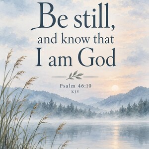 May include: A watercolor print featuring a misty lake landscape with tall grasses in the foreground and mountains in the distance. The text reads: Be still, and know that I am God. Psalm 46:10 KJV. The scene is set during a soft sunrise.