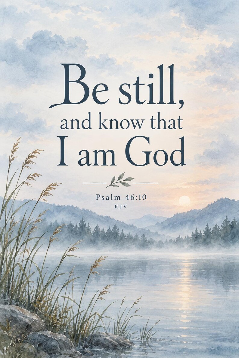 May include: A watercolor print featuring a misty lake landscape with tall grasses in the foreground and mountains in the distance. The text reads: Be still, and know that I am God. Psalm 46:10 KJV. The scene is set during a soft sunrise.