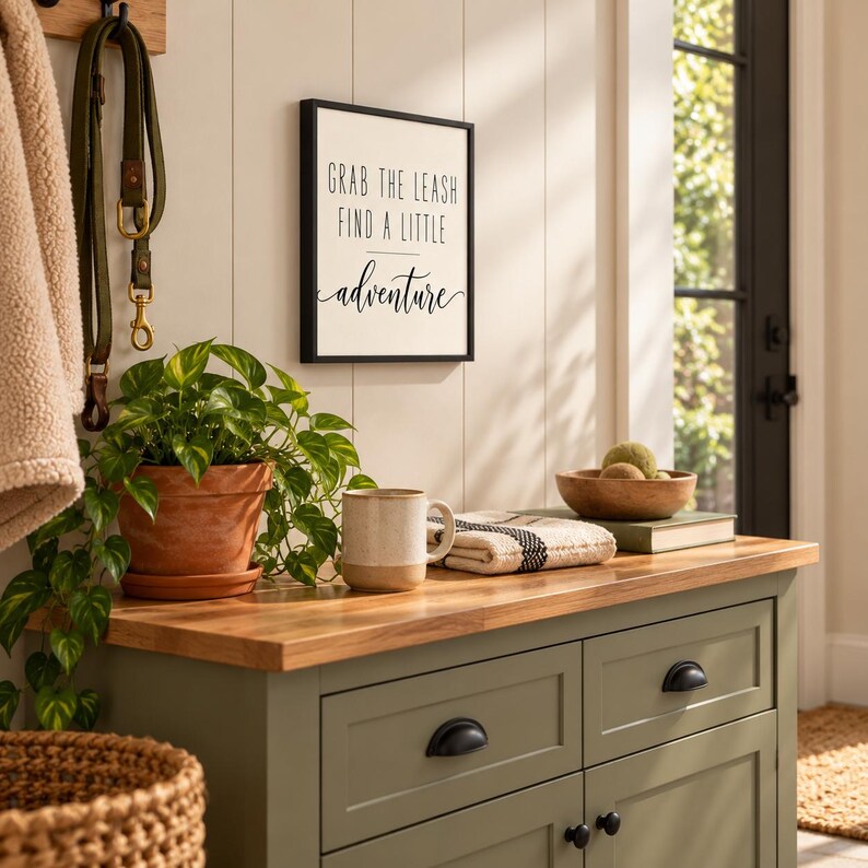 Op de afbeelding: Een rechthoekig wandbord met een zwarte lijst met de tekst "GRAB THE LEASH FIND A LITTLE adventure" in zwarte letters op een witte achtergrond, gemonteerd op een witte paneelwand boven een groene houten kast met een houten blad.