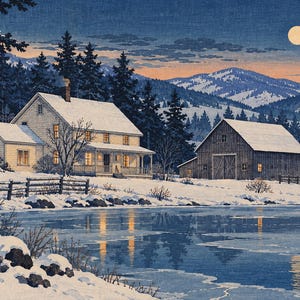 May include: A winter landscape painting featuring a snow-covered house and barn beside a frozen lake. Tall pine trees, distant snow-capped mountains, and a full moon in a twilight sky complete the scene, with warm light glowing from the windows.