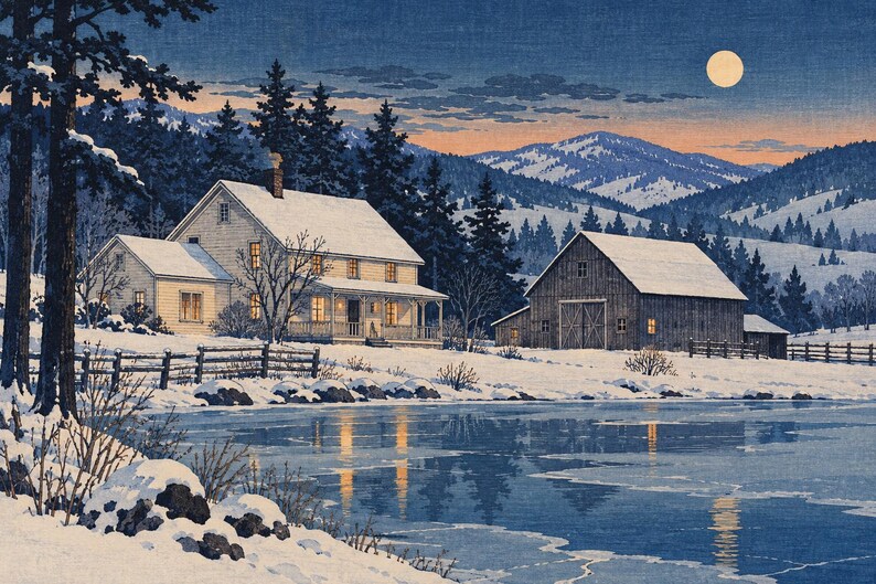 May include: A winter landscape painting featuring a snow-covered house and barn beside a frozen lake. Tall pine trees, distant snow-capped mountains, and a full moon in a twilight sky complete the scene, with warm light glowing from the windows.