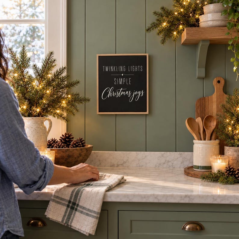 May include: A rectangular wall sign with a black background and a light wood frame. The sign features white text that reads TWINKLING LIGHTS, SIMPLE, and Christmas joys, with a small star symbol between the first two lines of text.