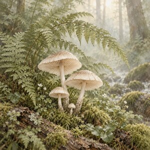 May include: A cluster of four light beige mushrooms with visible gills growing from a mossy, dark brown fallen log. The scene includes green fern fronds and small white flowers in a soft-focus, misty forest environment.