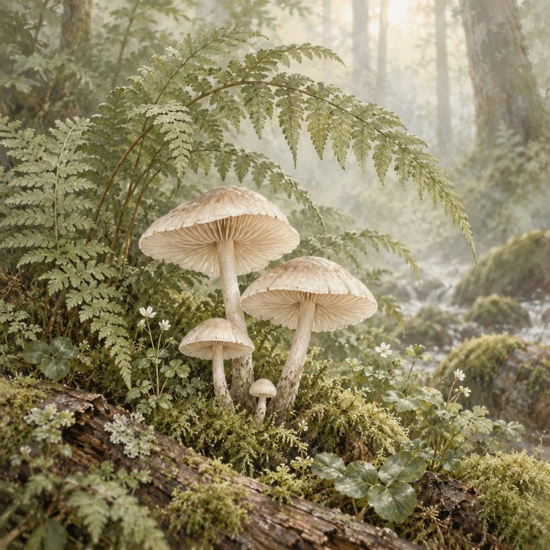May include: A cluster of four light beige mushrooms with visible gills growing from a mossy, dark brown fallen log. The scene includes green fern fronds and small white flowers in a soft-focus, misty forest environment.