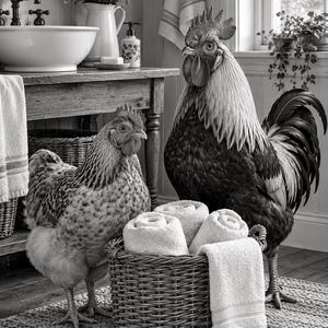 Op de afbeelding: Een zwart-witafbeelding met een haan en een kip die naast een gevlochten rieten mand vol opgerolde witte handdoeken staan. De sc&egrave;ne speelt zich af in een badkamer met een houten wastafelmeubel, een witte keramische wastafel en een kraan.