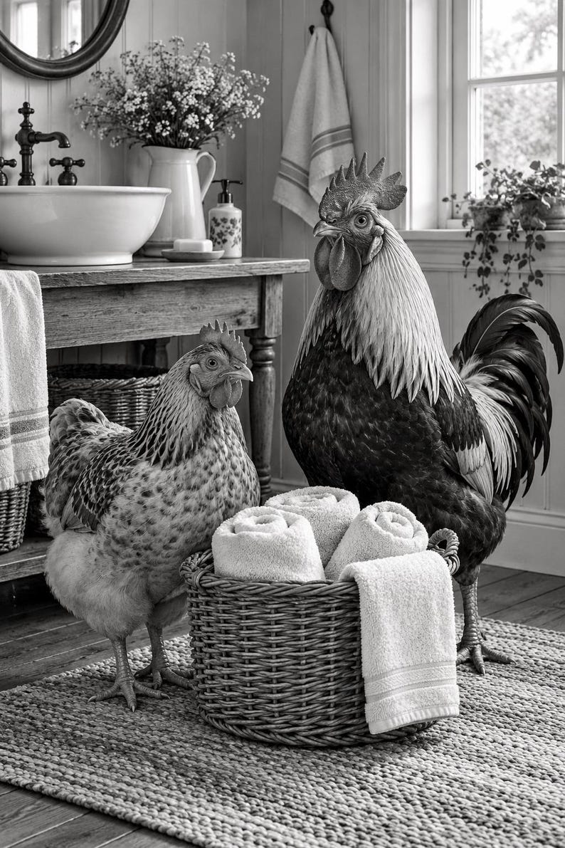 Op de afbeelding: Een zwart-witafbeelding met een haan en een kip die naast een gevlochten rieten mand vol opgerolde witte handdoeken staan. De sc&egrave;ne speelt zich af in een badkamer met een houten wastafelmeubel, een witte keramische wastafel en een kraan.
