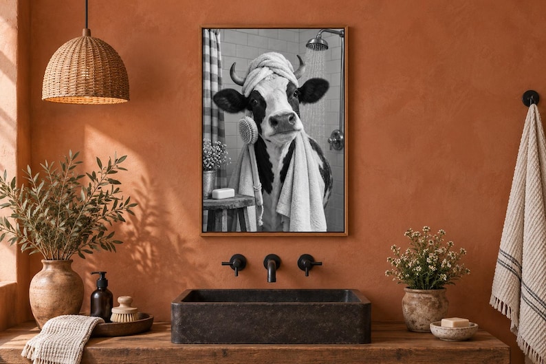 May include: A framed black and white wall art print featuring a cow wearing a towel on its head and wrapped in a towel, holding a bath brush in a tiled shower setting. The artwork is displayed on a terracotta-colored wall above a dark sink.
