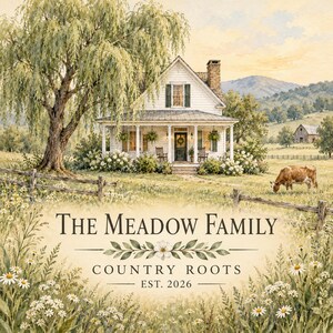 May include: A watercolor-style illustration of a white farmhouse with a porch, a large willow tree, a wooden fence, and a grazing cow in a meadow. The text reads: THE MEADOW FAMILY, COUNTRY ROOTS, EST. 2026, with a floral decorative element.