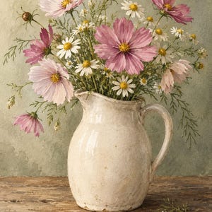 May include: A white ceramic pitcher filled with a bouquet of pink cosmos flowers and small white daisies. The pitcher has a curved handle and a rounded body, sitting on a weathered wooden surface with a single fallen petal and a small daisy.