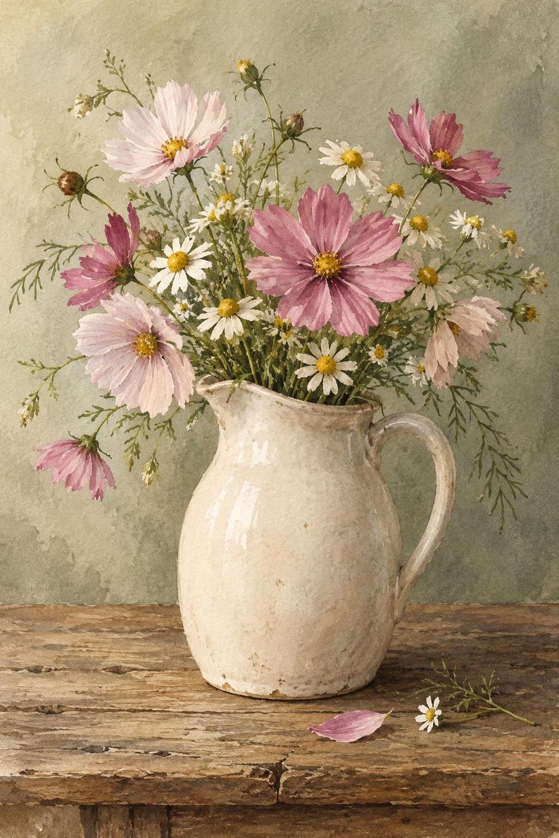 May include: A white ceramic pitcher filled with a bouquet of pink cosmos flowers and small white daisies. The pitcher has a curved handle and a rounded body, sitting on a weathered wooden surface with a single fallen petal and a small daisy.