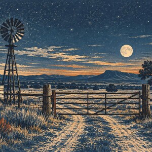 May include: A landscape illustration featuring a metal windmill and a water tank beside a wooden fence and gate. A dirt path leads through the gate toward distant mountains under a night sky with a full moon and scattered stars.