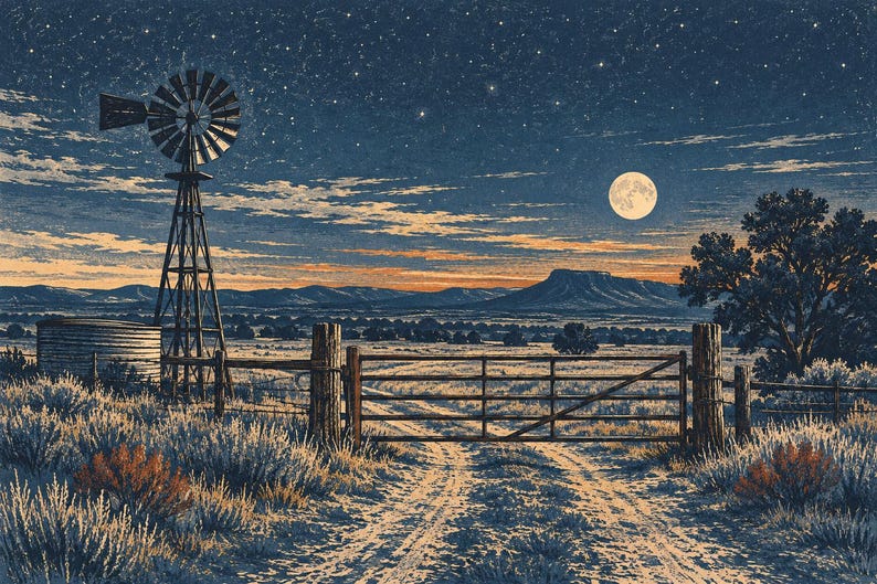 May include: A landscape illustration featuring a metal windmill and a water tank beside a wooden fence and gate. A dirt path leads through the gate toward distant mountains under a night sky with a full moon and scattered stars.
