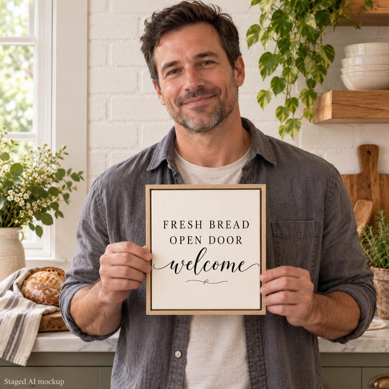 May include: A square wooden sign with a cream-colored background and a thin black border. The text reads FRESH BREAD OPEN DOOR welcome in black lettering, with the word welcome written in a cursive script font at the bottom.