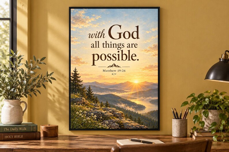 May include: A framed wall art print featuring a sunrise over a mountain range and lake, with the text "with God all things are possible. Matthew 19:26 KJV" printed in dark brown lettering against a sky with clouds and pine trees.