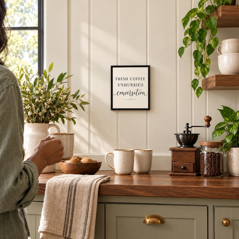 May include: A square wall sign with a black frame and white background featuring the black text FRESH COFFEE UNHURRIED conversation. The sign is displayed in a kitchen setting with coffee mugs, a wooden bowl, and a coffee grinder.
