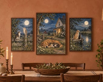 May include: A triptych of framed wall art prints featuring nocturnal country scenes under a full moon. The left panel shows a cat and owl on a fence, the center shows a dog and cat resting, and the right shows a dog and cat on a dock.