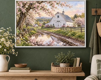 May include: A framed landscape painting depicting a white barn situated in a field with a muddy path and a puddle in the foreground. A large tree with pink blossoms hangs over the scene, reflecting in the water under a soft sky.
