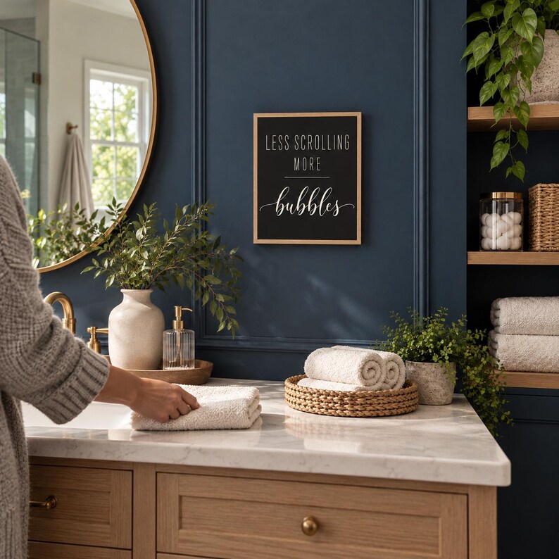 May include: A rectangular wall sign with a light wood frame and a black background featuring the white text "LESS SCROLLING MORE bubbles" in a combination of sans-serif and script fonts, mounted on a dark blue paneled bathroom wall.