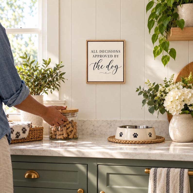 May include: A square wall sign with a light wood frame featuring the black text ALL DECISIONS APPROVED BY the dog on a white background. The sign is mounted on a white paneled wall above a kitchen counter with a dog bowl and treat jar.