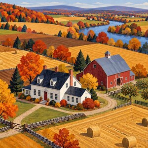 Puede incluir: Una pintura de paisaje de una granja rural durante el oto&ntilde;o, con una casa blanca de techo oscuro, un granero rojo y campos dorados con pacas de heno. Un r&iacute;o azul serpentea por el fondo, rodeado de &aacute;rboles de colores oto&ntilde;ales.