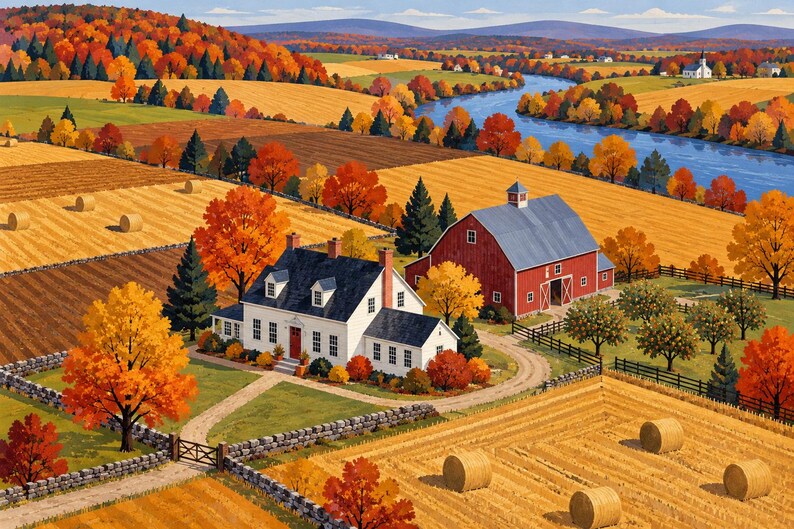 Puede incluir: Una pintura de paisaje de una granja rural durante el oto&ntilde;o, con una casa blanca de techo oscuro, un granero rojo y campos dorados con pacas de heno. Un r&iacute;o azul serpentea por el fondo, rodeado de &aacute;rboles de colores oto&ntilde;ales.
